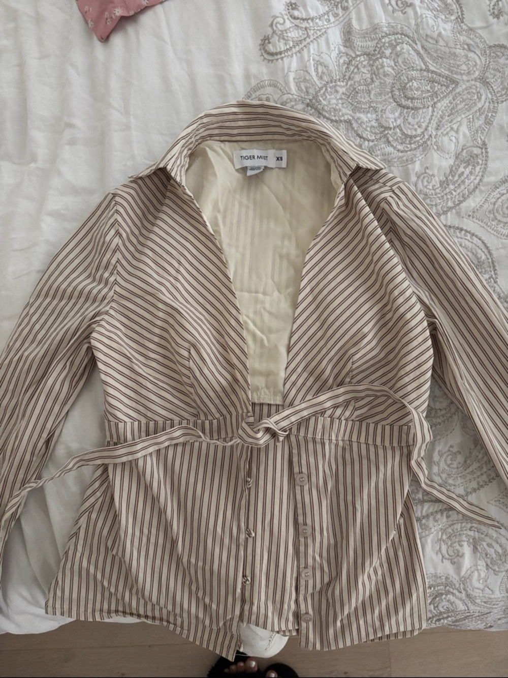 Tiger Mist Beige and Brown Striped Wrap Button-Up Top